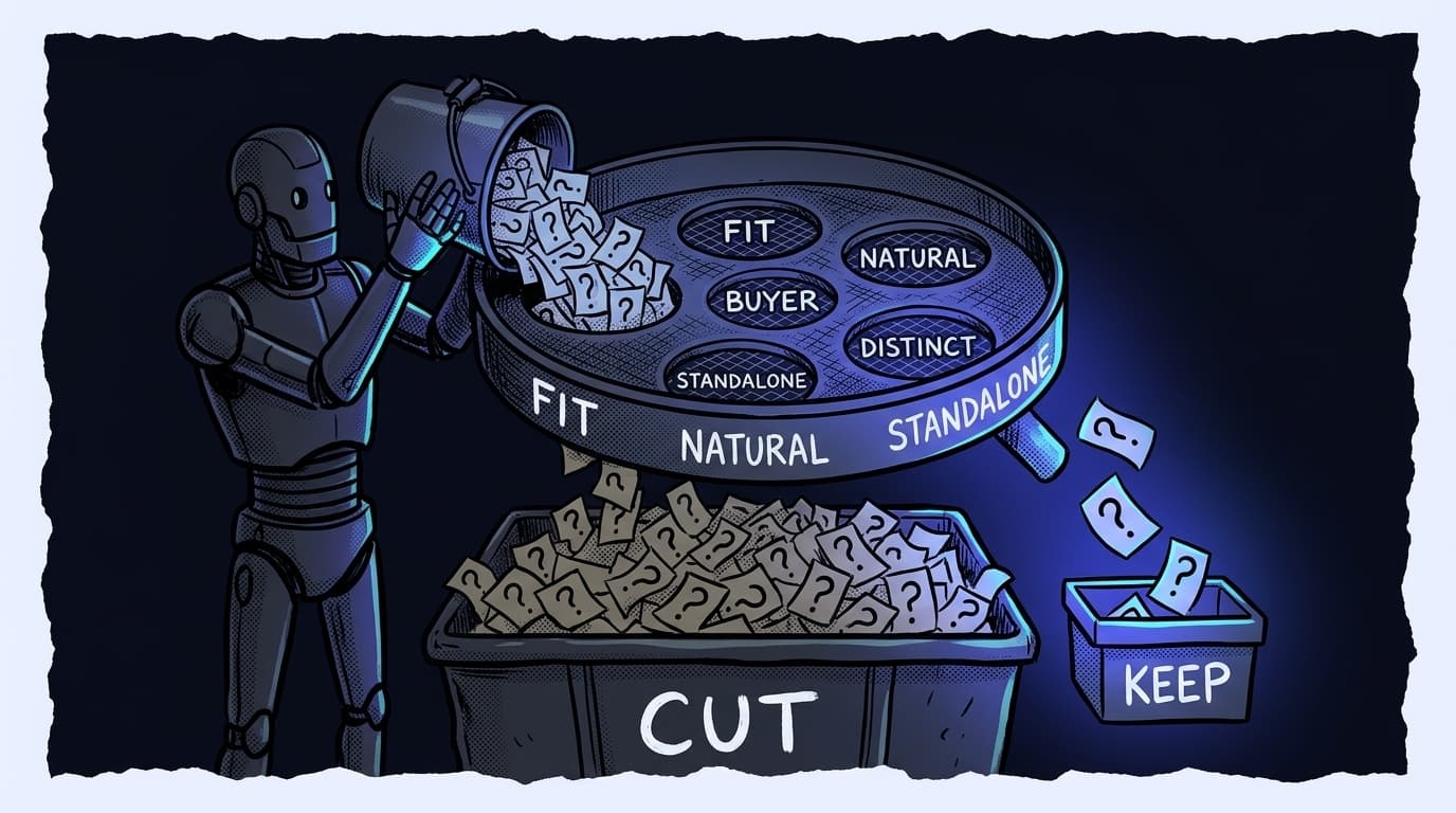 Comic panel: a robot pours paper question slips into a sieve with holes labeled FIT, BUYER, NATURAL, STANDALONE and DISTINCT; a few glowing slips fall into a small box marked KEEP while a large heap fills a bin marked CUT.