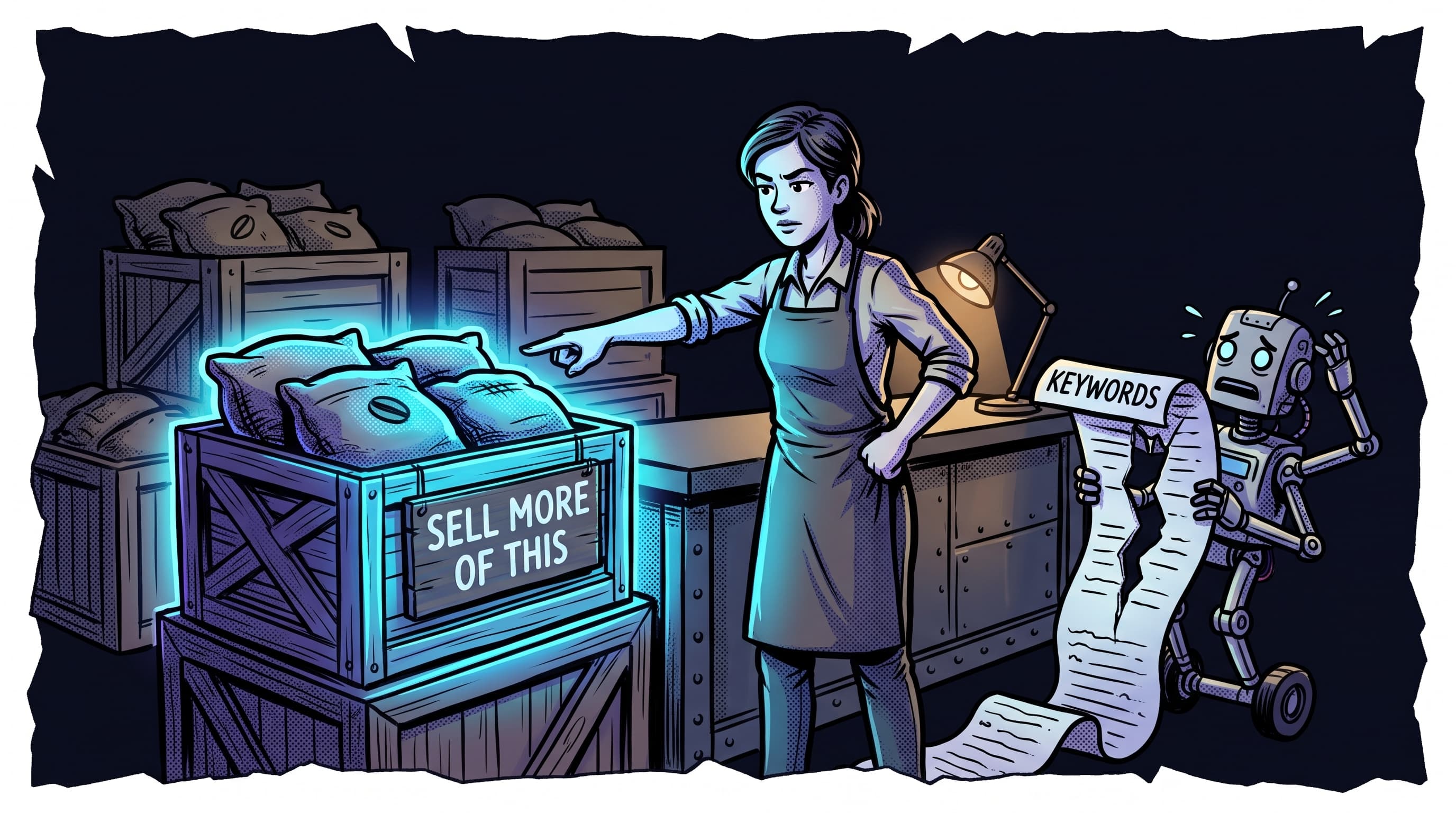 Comic panel: a coffee roaster in an apron points firmly at a glowing crate of coffee sacks labeled SELL MORE OF THIS, while a worried robot beside her holds a long scroll labeled KEYWORDS that is tearing in half.