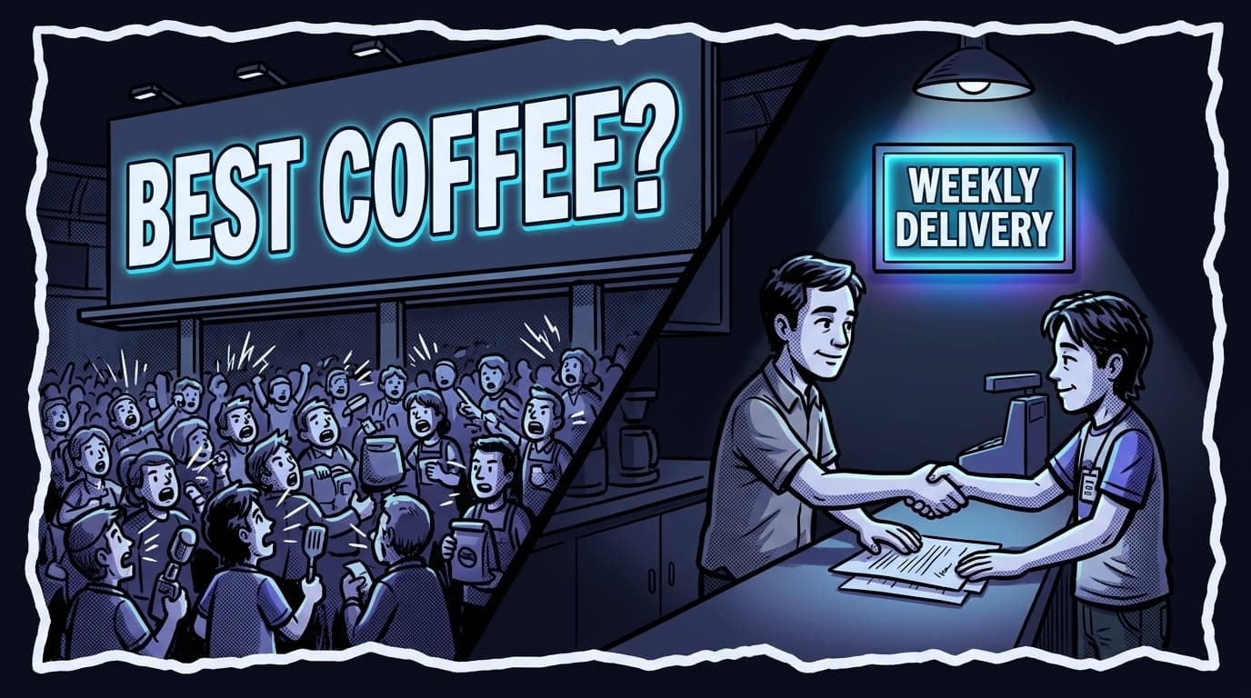 Comic split panel: on the left a crowd shouts at a giant billboard reading BEST COFFEE?; on the right a cafe owner and a roaster shake hands over a contract under a small glowing sign reading WEEKLY DELIVERY.