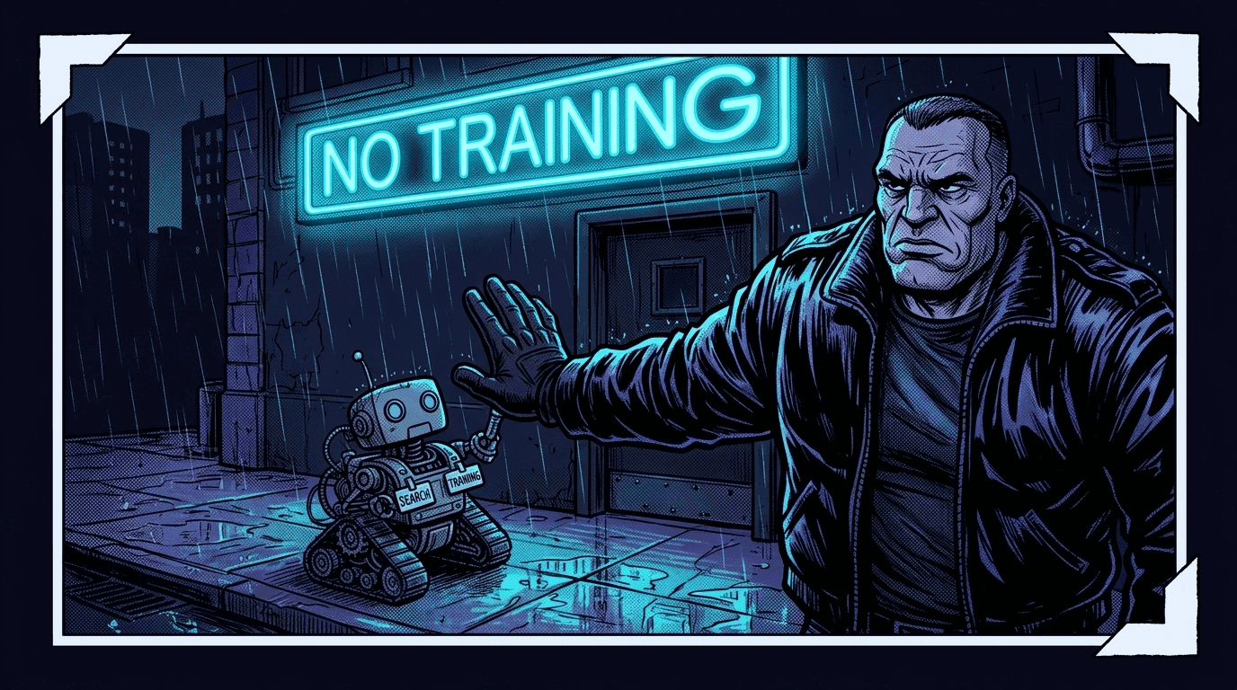 Comic panel: a nightclub bouncer under a neon NO TRAINING sign stops a small crawler robot wearing two badges, SEARCH and TRAINING.
