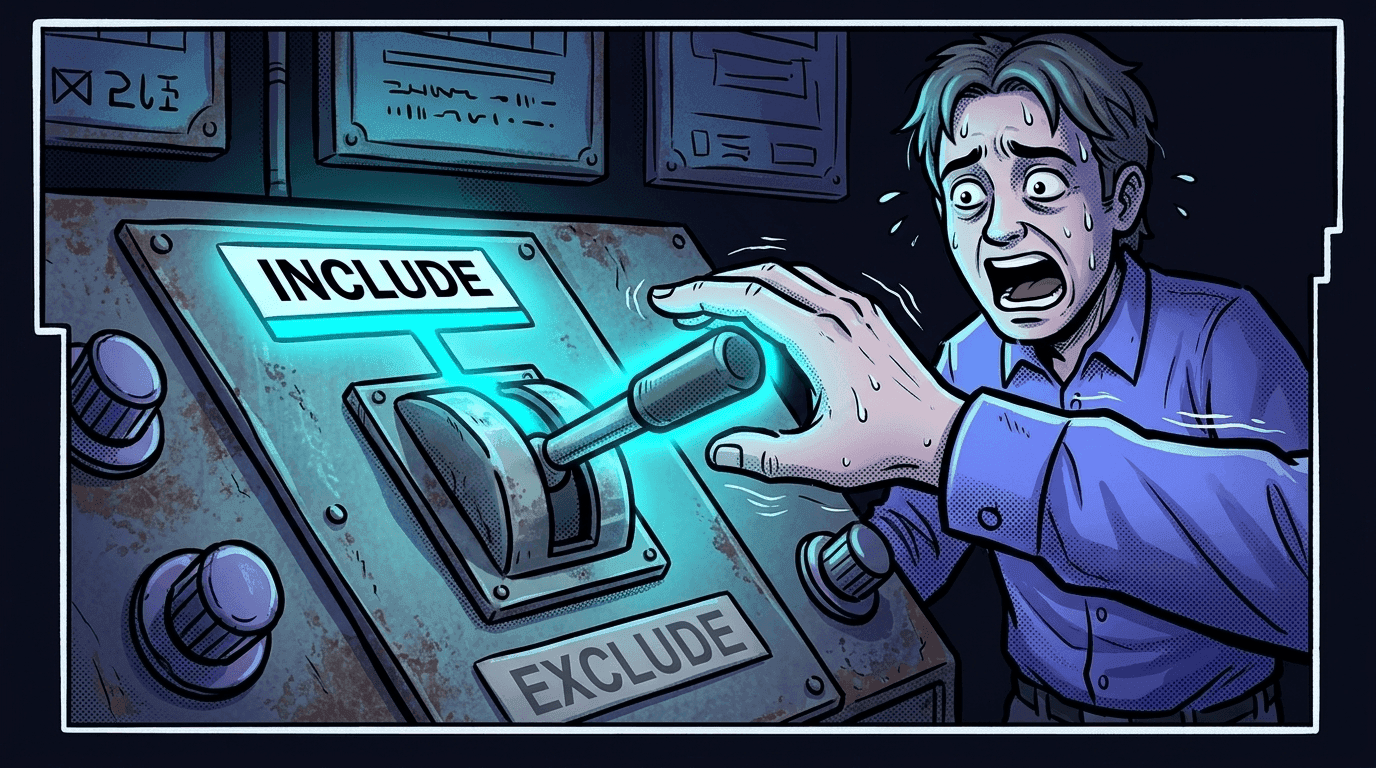 Comic panel: a sweating office worker reaches for an industrial lever marked INCLUDE, glowing cyan, above a grey EXCLUDE position.