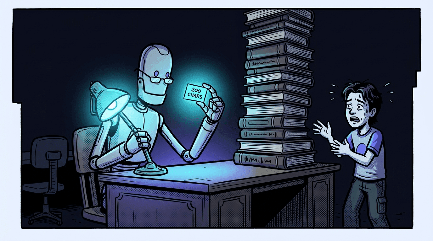 Comic panel: a robot librarian ignores a tower of books and reads one glowing index card labelled 200 CHARS while a website owner gestures anxiously at the books.