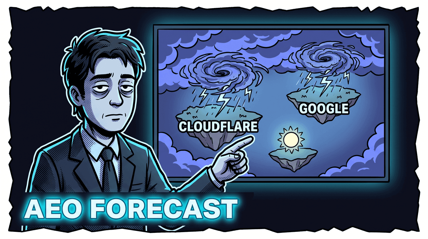 AEO updates September 2026 comic: a tired TV weather presenter points at a map with storm clouds over islands labelled Cloudflare and Google under a glowing AEO FORECAST banner.