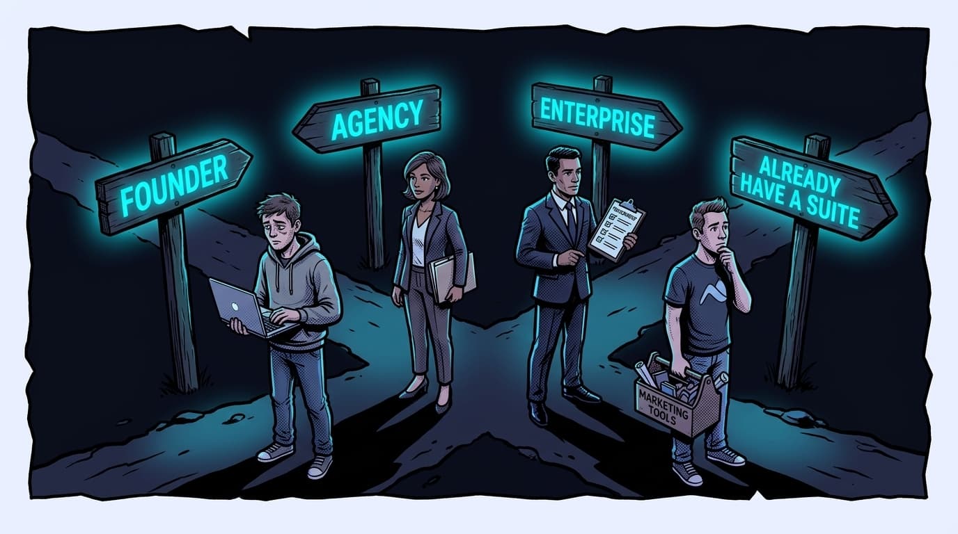 Comic panel: four distinct buyers stand at a fork beneath glowing signposts reading FOUNDER, AGENCY, ENTERPRISE, and ALREADY HAVE A SUITE.