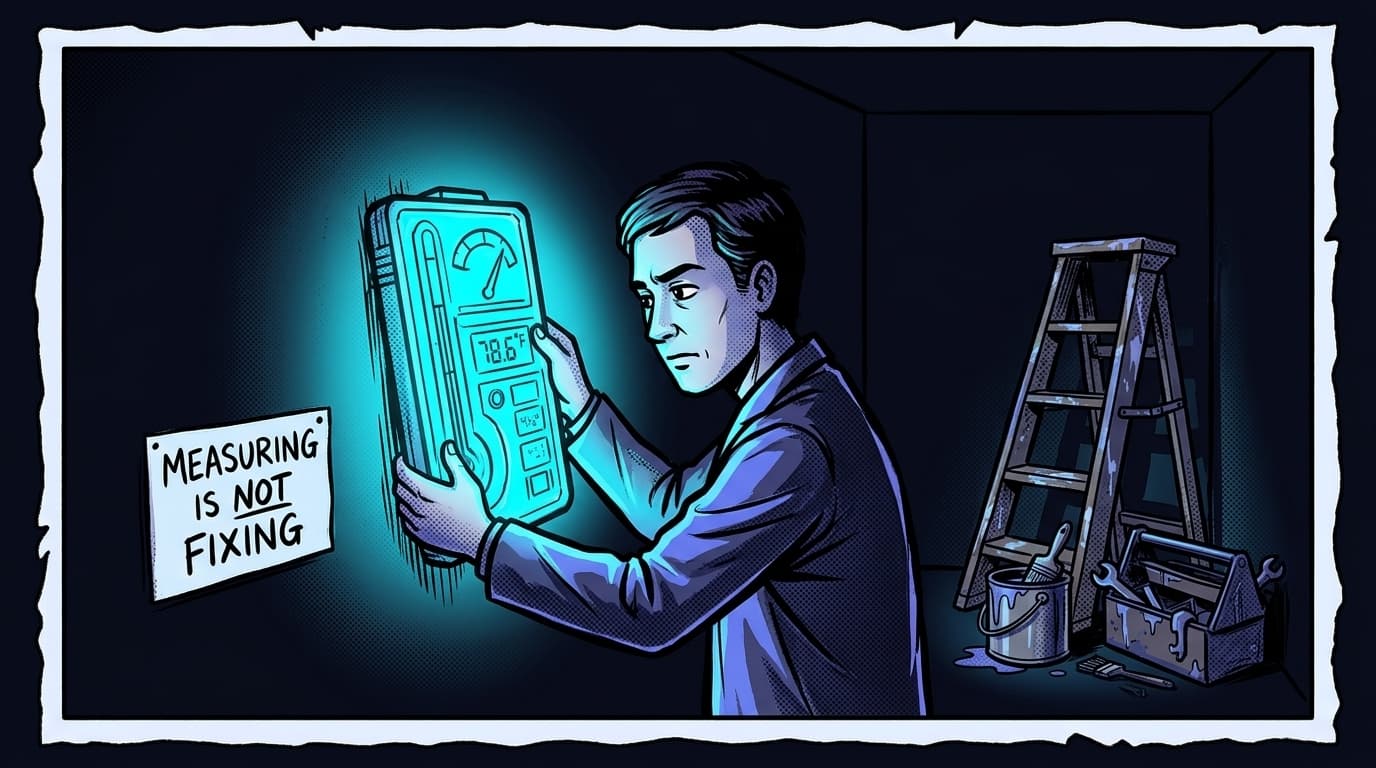 Comic panel: a person holds a glowing measurement instrument up to a wall beside a sign reading MEASURING IS NOT FIXING, while a ladder, paint bucket and toolbox sit unused in the dark corner.