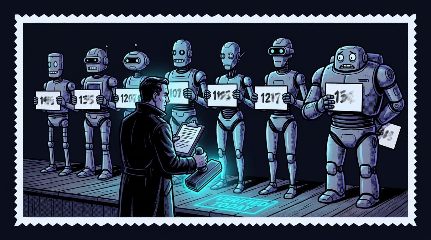 Comic panel comparing answer engine optimization tools: seven robot vendors stand in a lineup holding price placards with smudged illegible numbers while an inspector with a clipboard and a glowing VERIFIED TODAY date stamp examines them, one robot caught swapping its placard.