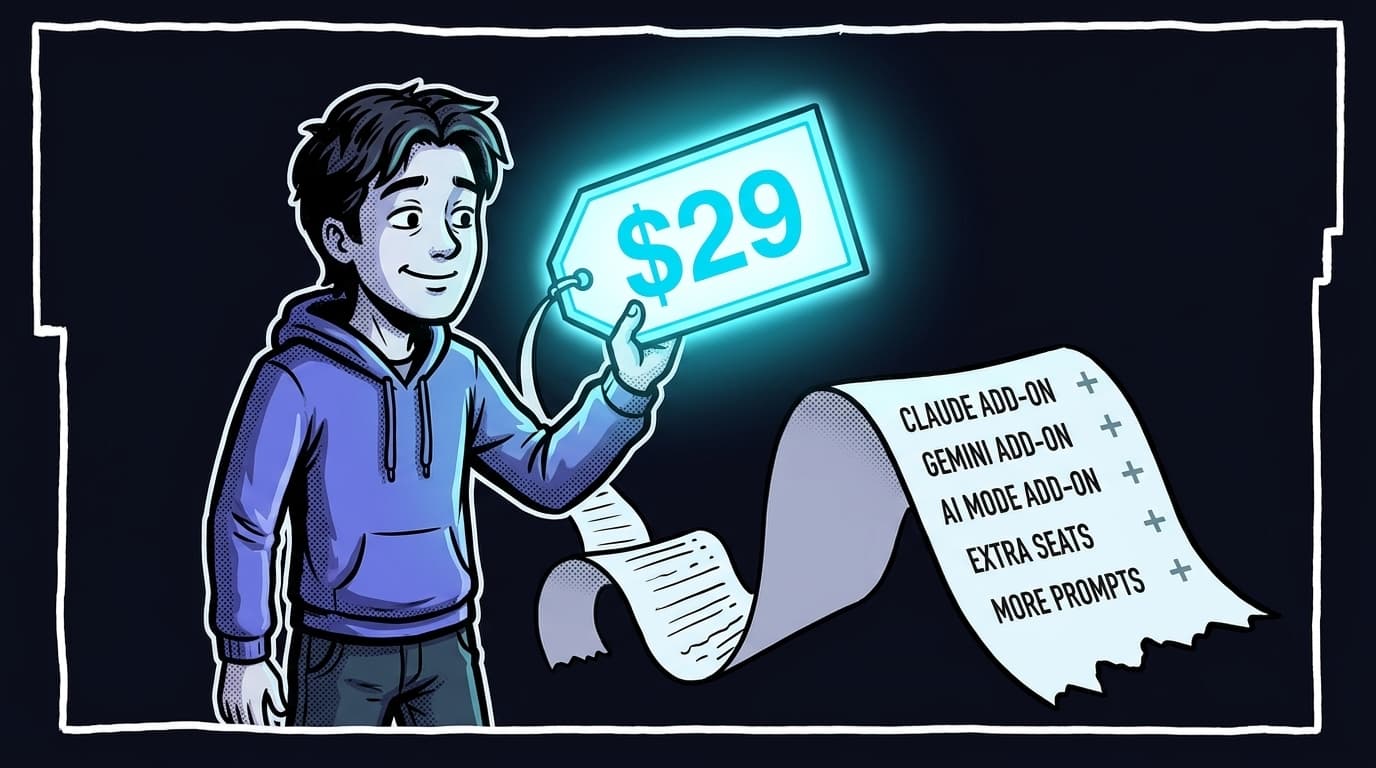 Comic panel: a shopper inspects a large glowing price tag reading $29 while a long unfurling receipt of add-on line items trails from it across the floor.