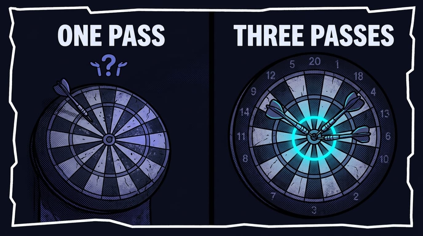 Comic split panel: on the left a single dart thrown at a board labeled ONE PASS lands by luck; on the right three darts cluster on a board labeled THREE PASSES with a confidence ring drawn around them.