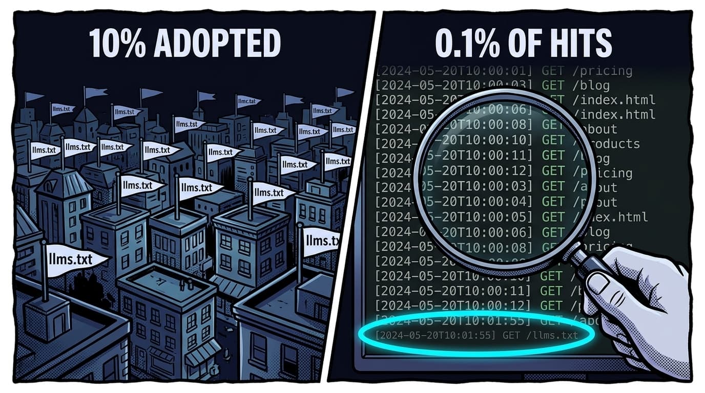 Comic split panel: on the left, a skyline of small websites each flying an llms.txt flag under the caption 10% adopted; on the right, a magnifying glass over a server log full of ordinary page requests with a single dim llms.txt line circled, under the caption 0.1% of hits.