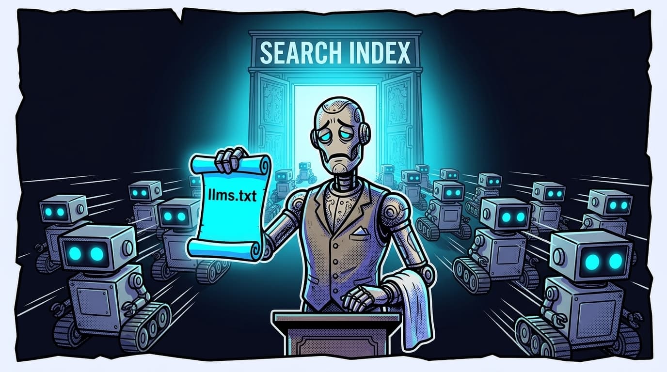 Comic panel: a proud robot butler holds up a glowing scroll labeled llms.txt while a stream of crawler robots rushes past him into a glowing library entrance labeled SEARCH INDEX.