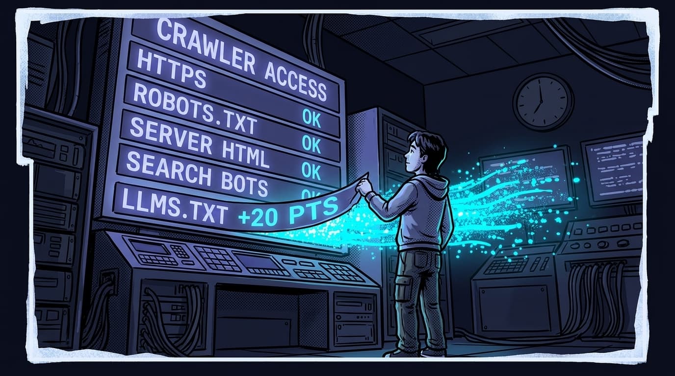Comic panel: an engineer peels a glowing row reading LLMS.TXT +20 PTS off a scoreboard titled CRAWLER ACCESS, the row dissolving into cyan particles while the other checks stay lit.