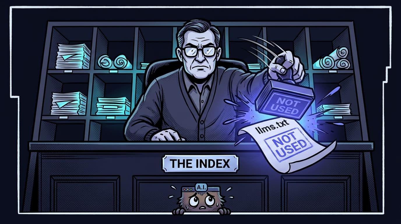 Comic panel: a stern librarian behind a towering desk labeled THE INDEX stamps NOT USED on a small llms.txt scroll while a tiny AI mascot watches nervously.