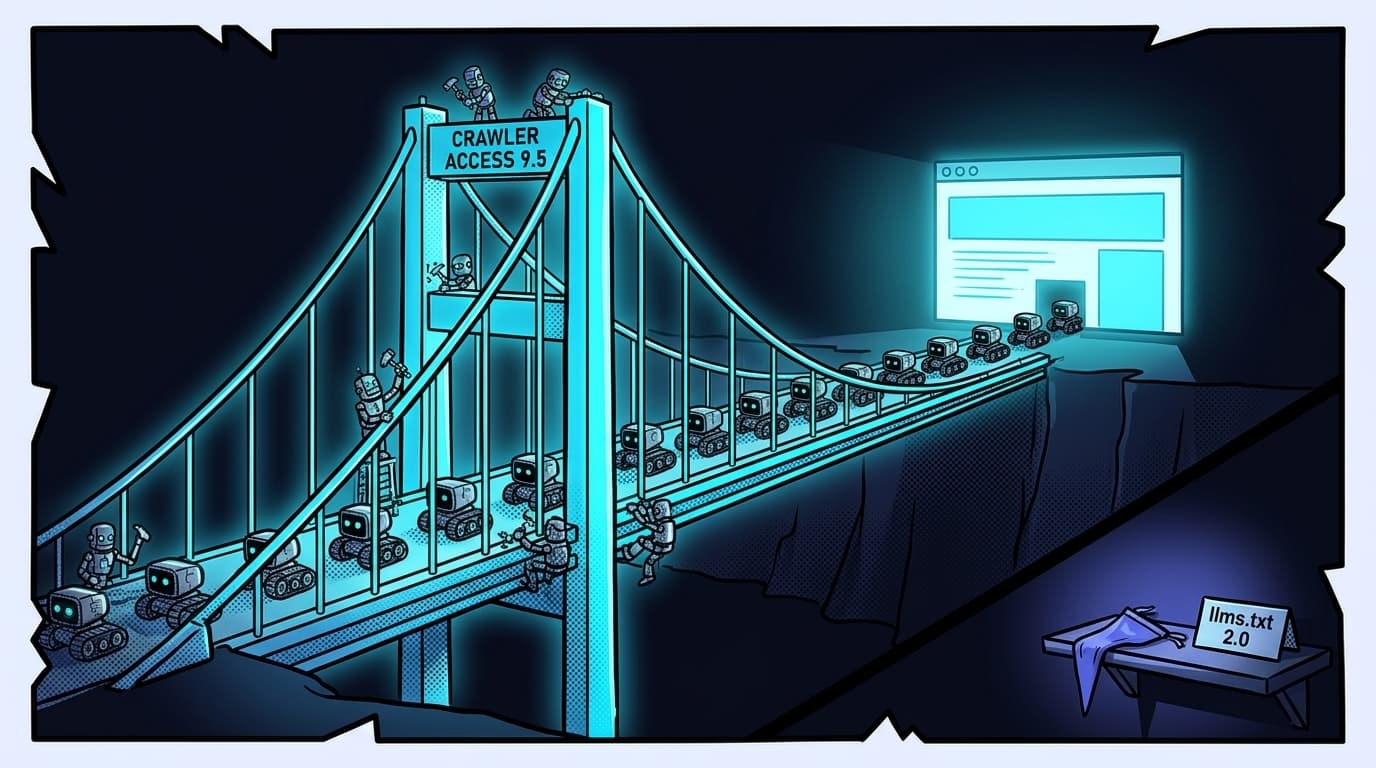 Comic panel: robot workers reinforce a glowing suspension bridge labeled CRAWLER ACCESS 9.5 carrying crawler robots toward a bright webpage, while a tiny pennant labeled llms.txt 2.0 sits forgotten on a shelf.