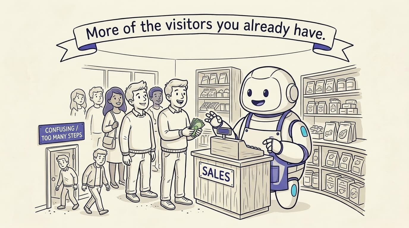 Comic panel on cream paper: a friendly robot shopkeeper in an apron rings up a happy queue of customers at a checkout till labelled 'SALES', while two confused visitors leak out a small side door labelled 'confusing / too many steps'. A banner reads 'More of the visitors you already have.' Indigo accent, paper-cream background.