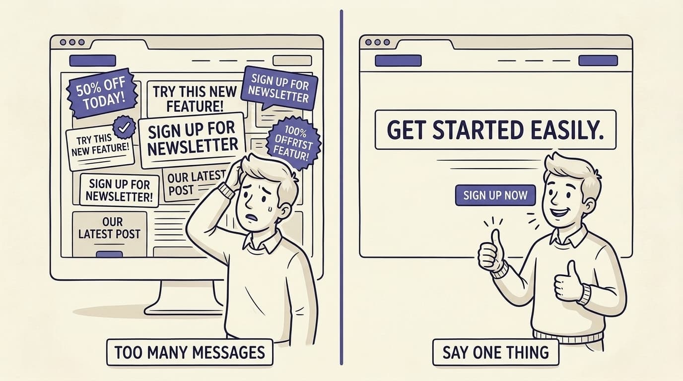 Comic panel split in two on cream paper. Left, labelled 'too many messages', a confused visitor scratches their head before a cluttered page of competing headlines and badges. Right, labelled 'say one thing', the same visitor gives a thumbs up before a clean page with one headline 'Get started easily' and one button.