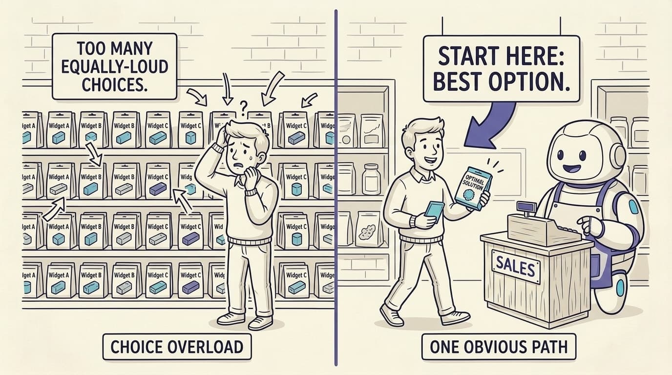 Comic panel split in two on cream paper. Left, labelled 'choice overload', an overwhelmed visitor faces a shelf of dozens of identical options. Right, labelled 'one obvious path', a smiling visitor is guided to a single highlighted best option by the friendly robot at a 'Sales' counter, under a sign 'Start here: best option'.