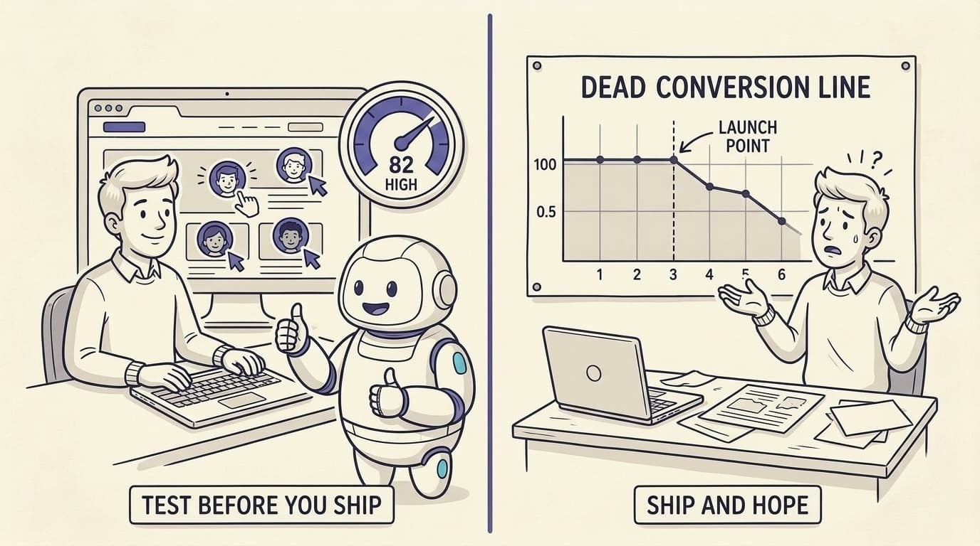 Comic panel split in two on cream paper. Left, labelled 'test before you ship', a calm founder watches simulated visitor icons move across a page on a laptop beside a score dial reading '82 high', with the friendly robot giving a thumbs up. Right, labelled 'ship and hope', a worried founder shrugs at a wall chart titled 'dead conversion line' that flatlines after launch.