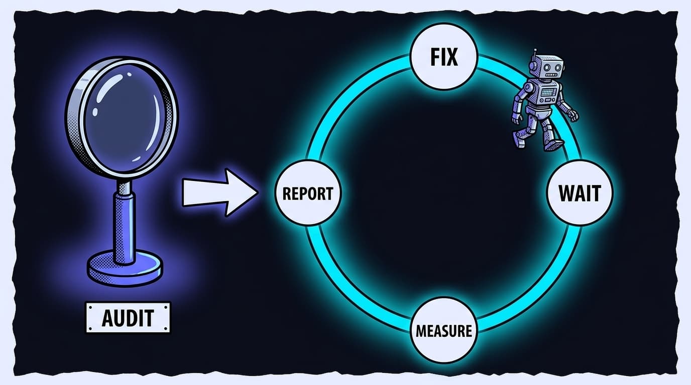 Diagram of how agencies package generative engine optimization services: a magnifying glass labeled AUDIT feeding into a circular loop of four stages labeled FIX, WAIT, MEASURE, REPORT.