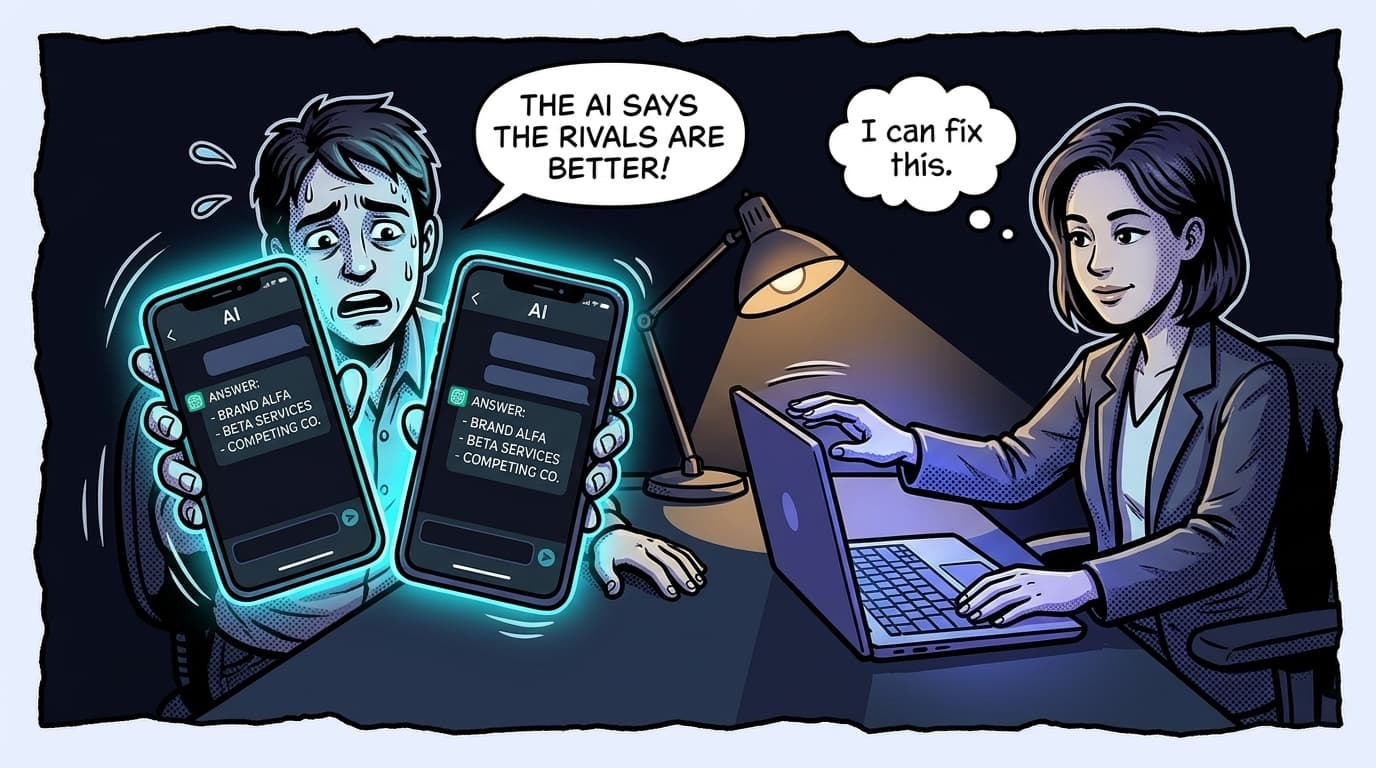 Comic panel: an anxious client holds up a phone showing an AI chat answer that recommends three competitors, while an agency lead across the desk reaches for a laptop.