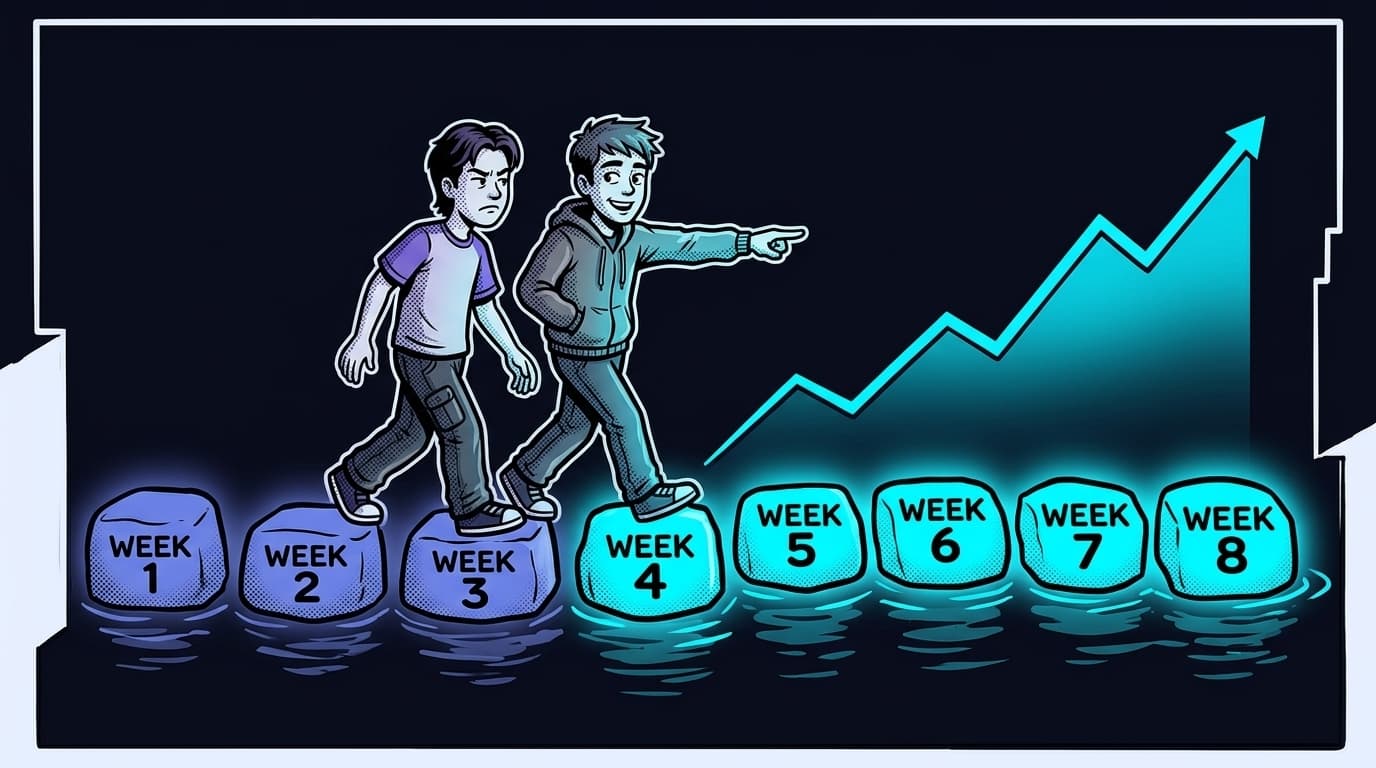 Comic panel: an agency lead and a client cross stepping stones labeled week 1 through week 8, the early stones dim and quiet, the later stones glowing with a rising chart lifting off them.