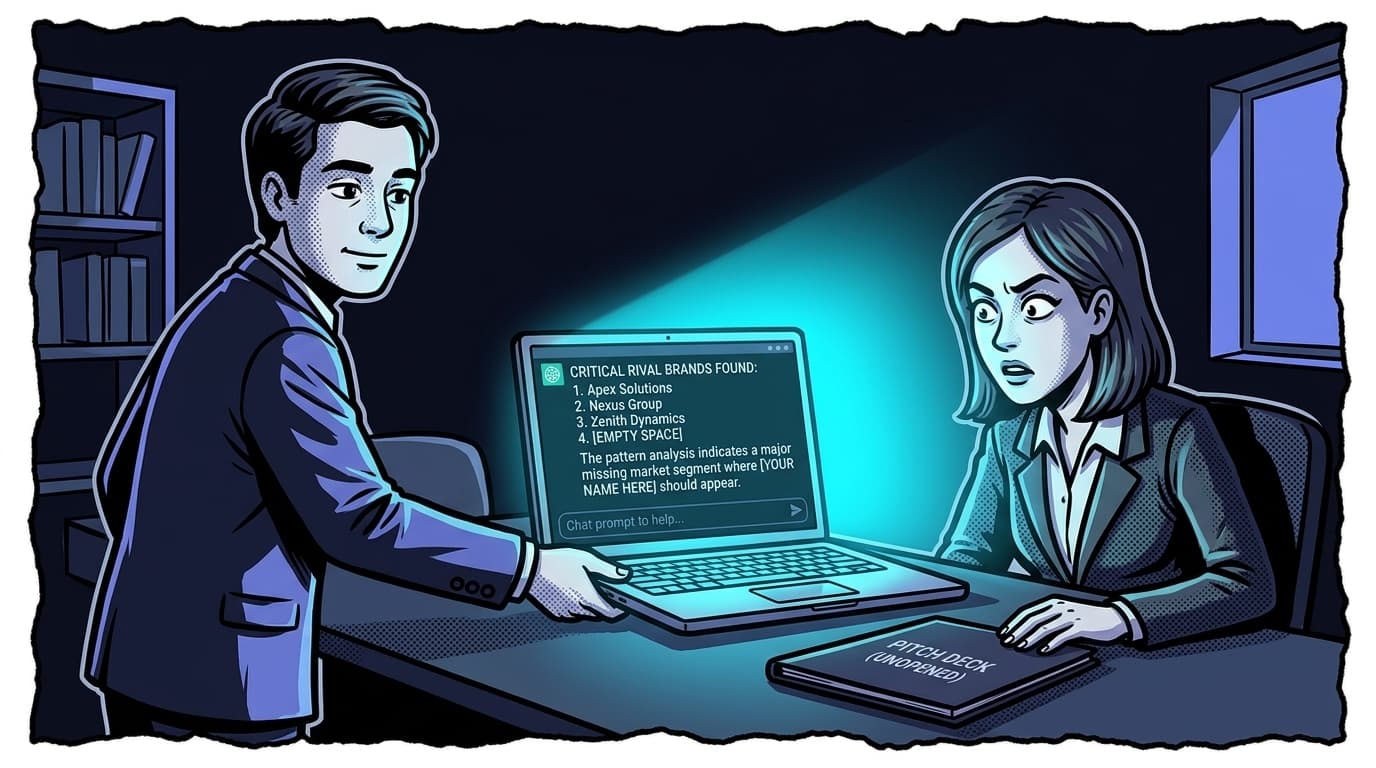 Comic panel: an agency lead turns a laptop toward a client, the screen showing an AI answer listing three rival brands with the client's own name absent, the client leaning in.