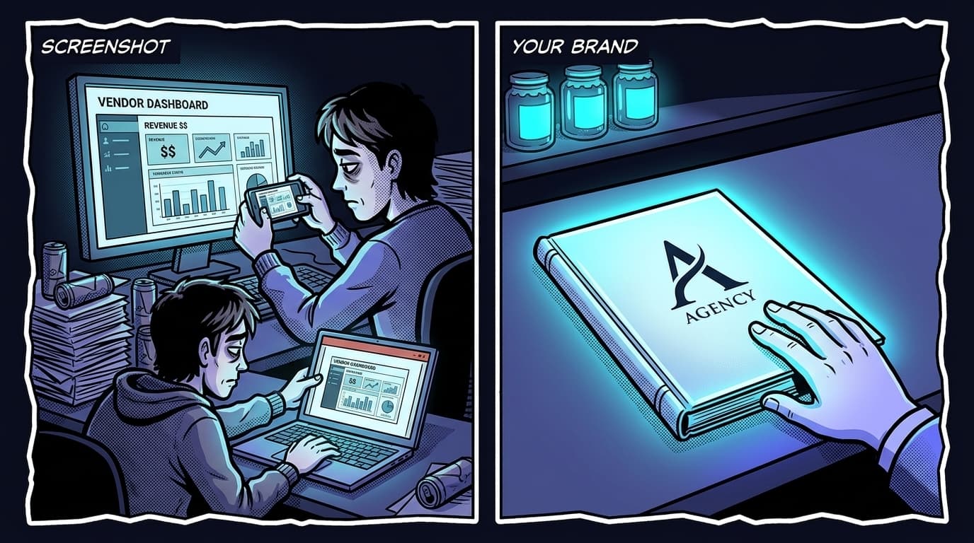 Comic split panel: on the left, a tired worker at midnight photographing a vendor dashboard to paste into a slide, labeled SCREENSHOT; on the right, a crisp bound report carrying the agency's own logo, labeled YOUR BRAND.