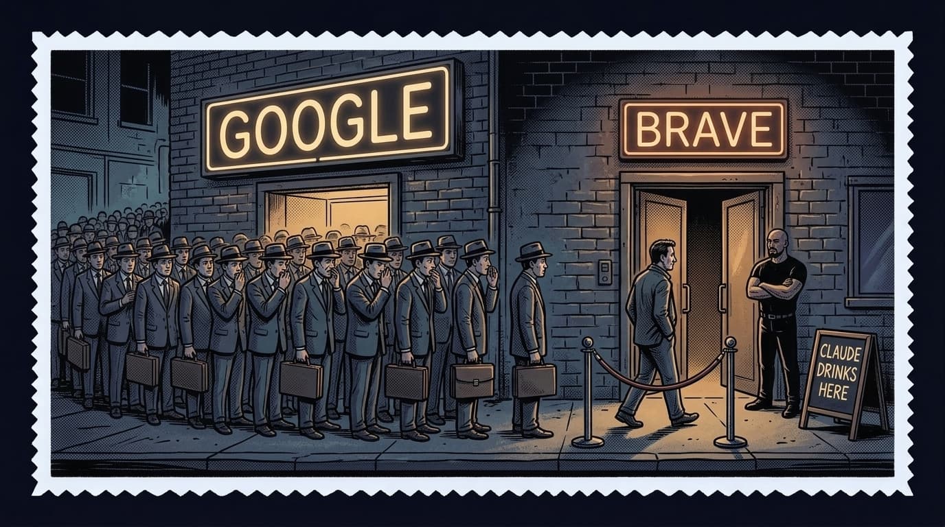 Comic panel: a huge queue of identical marketers snakes outside a club labelled Google, while next door the Brave club stands empty with a sign reading Claude drinks here and one founder walking in unopposed.