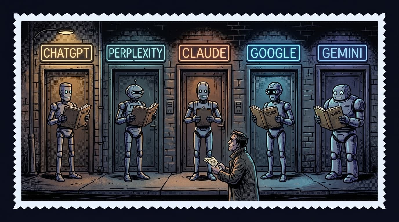 Comic panel: five robot doormen guard five club doors labelled ChatGPT, Perplexity, Claude, Google, and Gemini, each holding a different rulebook, while a founder tries to hand all five the same flyer.