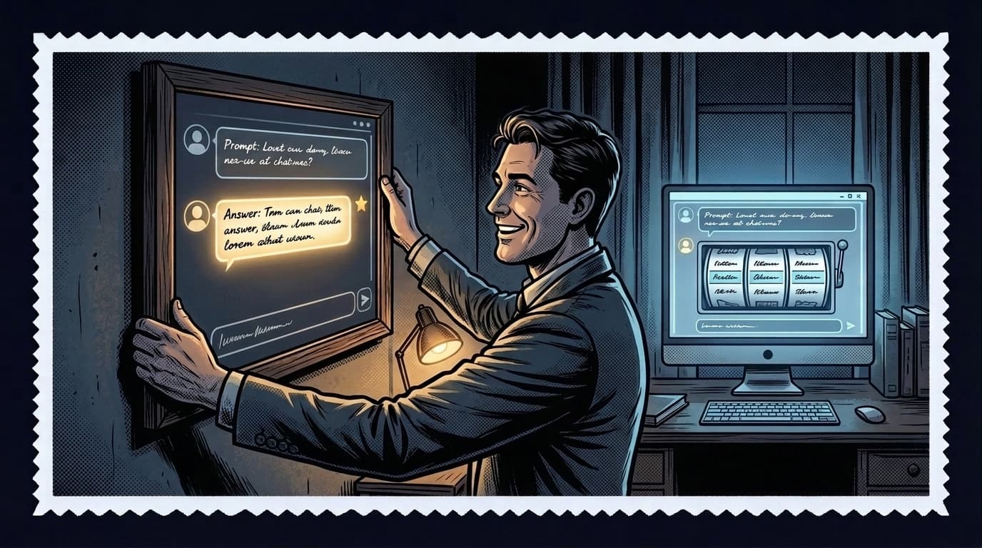 Comic panel: a founder proudly frames a screenshot of an AI answer citing their brand, while the live screen behind them re-rolls the same question and cites a competitor instead.
