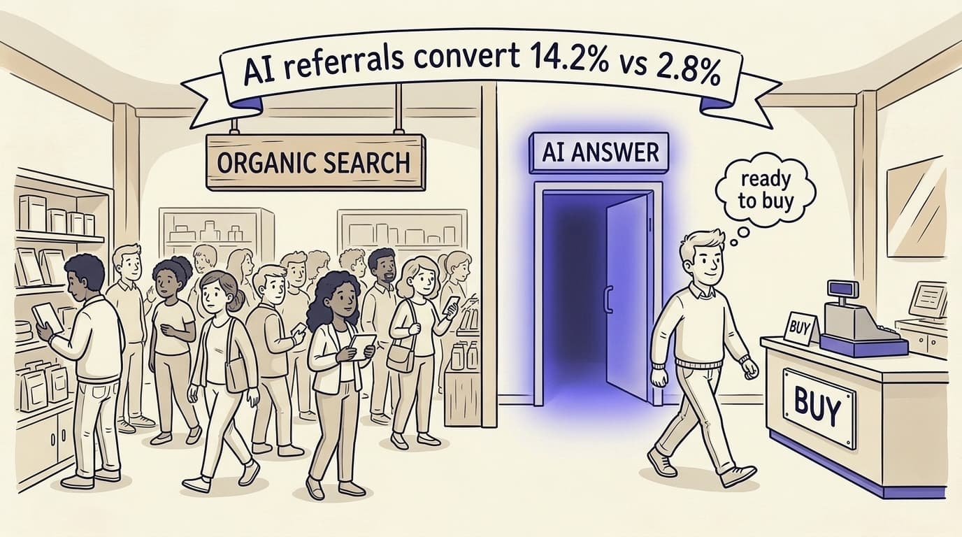 Comic panel on cream paper showing a bright shop. On the left, an aimless crowd browses under a sign reading 'organic search'. On the right, a single shopper strides through a glowing indigo doorway labelled 'AI answer' straight toward a 'BUY' desk, with a thought bubble reading 'ready to buy'. A banner across the top reads 'AI referrals convert 14.2% vs 2.8%'.