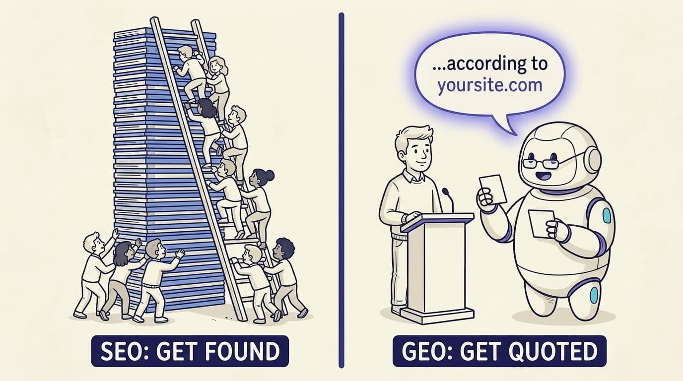 Comic panel split in two on cream paper. Left half, labelled 'SEO: get found', shows a crowd climbing a tall ladder built from stacked blue link bars. Right half, labelled 'GEO: get quoted', shows one person at a podium while the friendly robot quotes them, with a speech bubble reading '...according to yoursite.com'. Indigo divider and accent.