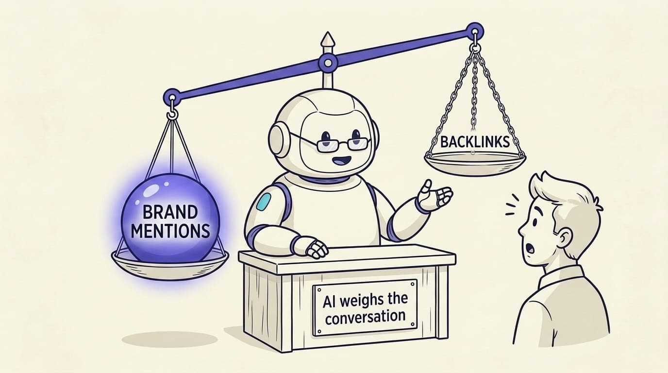 Comic panel on cream paper: a friendly robot judge weighs a balance scale. A heavy glowing indigo sphere labelled 'brand mentions' sinks low and outweighs a thin chain labelled 'backlinks' floating high. A bench sign reads 'AI weighs the conversation'. A surprised founder watches from the side.