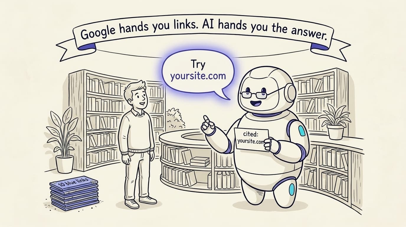 Comic panel on cream paper: a friendly robot librarian in reading glasses answers a person's question out loud, speaking a glowing indigo speech bubble that reads 'Try yoursite.com' and holding a card that reads 'cited: yoursite.com', while a dusty ignored stack labelled '10 blue links' sits on the floor. A banner reads 'Google hands you links. AI hands you the answer.' Indigo accent, paper-cream background.