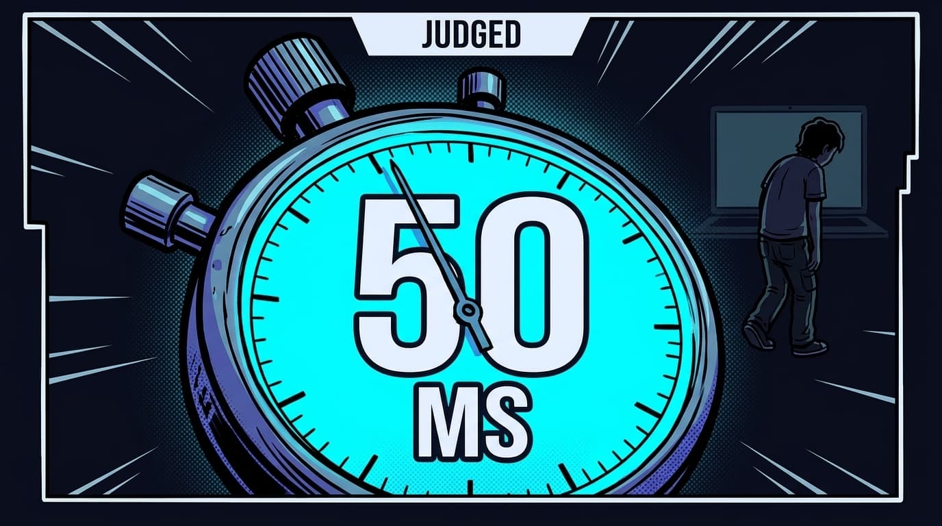 Comic panel: a vintage analog stopwatch dominates the frame, its dial face glowing cyan and showing '50 MS' in large bold numerals. A small slumped figure has already turned away from a faint laptop screen in the background. A banner at the top reads 'JUDGED'. Background is deep navy.