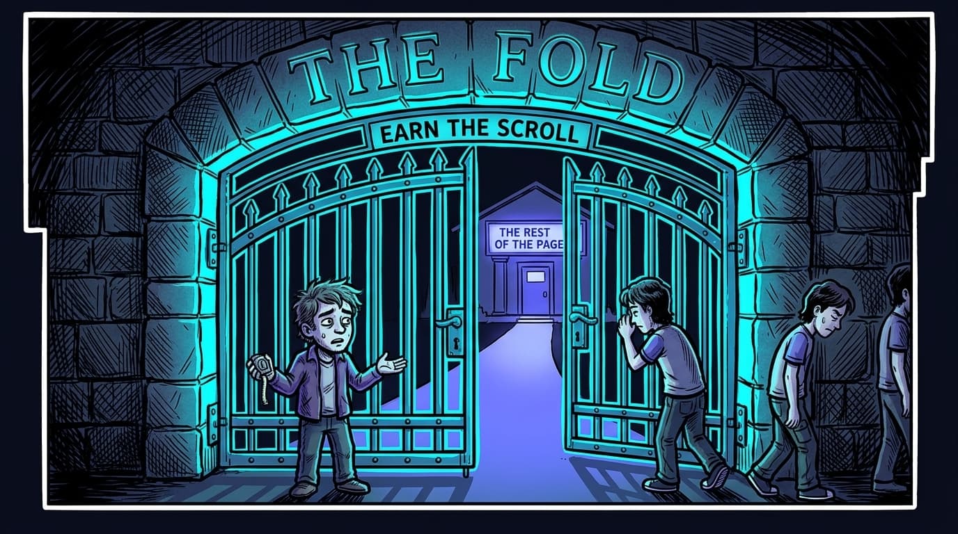 Comic panel: a massive ornate wrought-iron gate set into a stone wall labelled 'THE FOLD' across the top. The gate glows cyan, slightly ajar. A founder character stands on the near side with a tape measure, gesturing helplessly. Visible through the gate is a brightly lit pathway leading to a building labelled 'THE REST OF THE PAGE'. Three queued visitor characters wait at the gate: one peering through, one walking away, one already inside. A banner reads 'EARN THE SCROLL'.