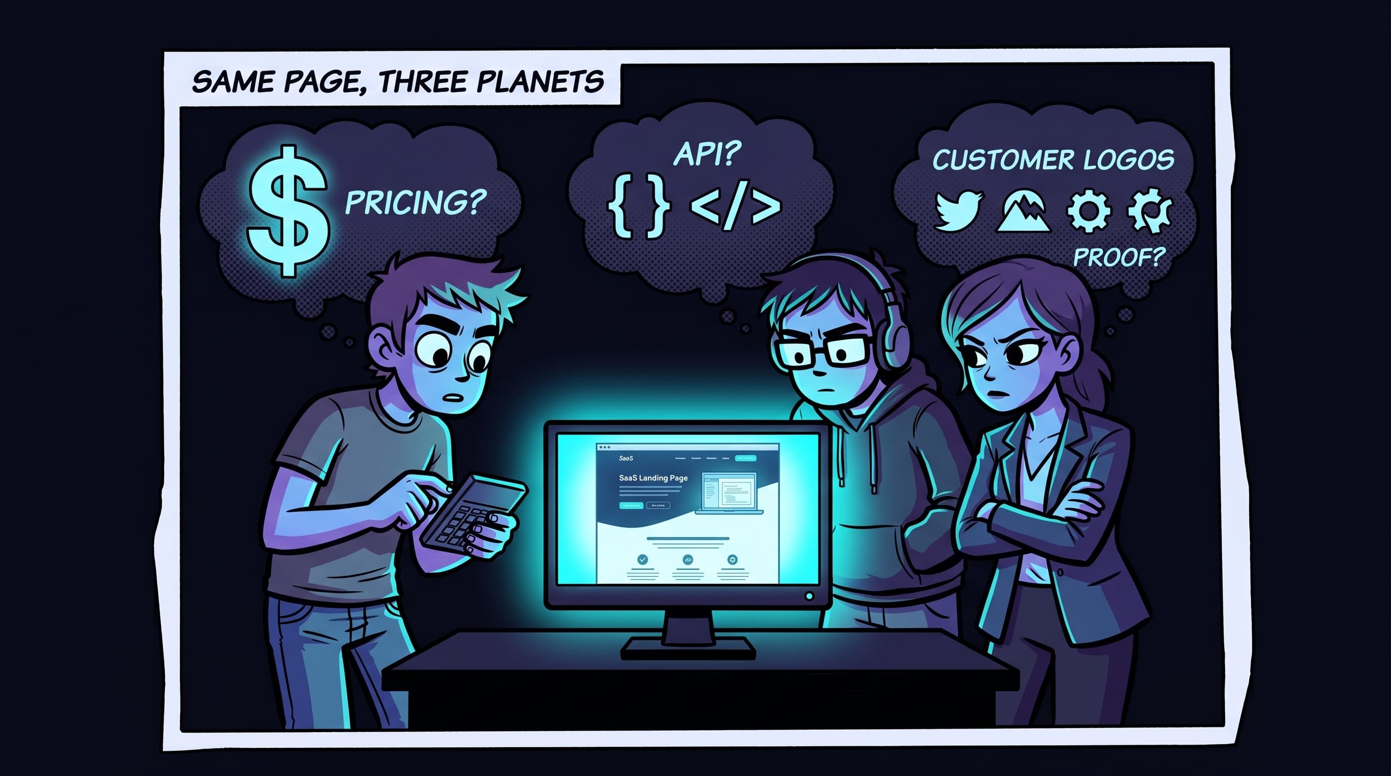 Comic panel: three visitor characters stare at the same SaaS landing page on a glowing monitor. The left character is a price-sensitive buyer holding a calculator with a thought bubble showing a dollar sign and the word 'PRICING?'. The middle character is a technical evaluator in a hoodie with a thought bubble showing code brackets and 'API?'. The right character is a skeptical researcher with arms crossed and a thought bubble showing customer logos and 'PROOF?'. A banner across the top reads 'SAME PAGE, THREE PLANETS'.