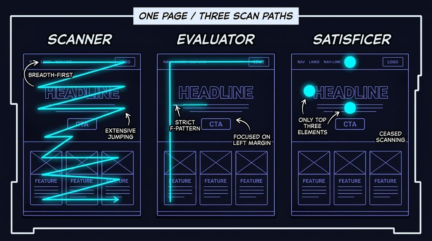 Comic panel showing three vertical sections side by side, each containing the same SaaS landing page wireframe with a different cyan scan-path overlay. The left panel is labelled SCANNER and shows a zig-zag breadth-first path. The middle panel is labelled EVALUATOR and shows a strict top-to-bottom F-pattern. The right panel is labelled SATISFICER and shows three glowing dots on the top three elements only. A banner across the top reads 'ONE PAGE / THREE SCAN PATHS'.