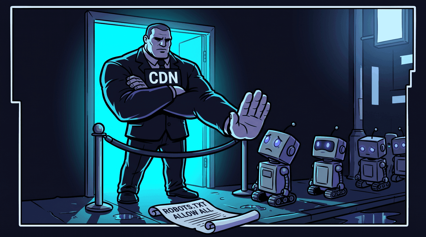 Comic panel: a large bouncer labelled CDN turns away a queue of small crawler robots at a velvet rope, while a scroll labelled ROBOTS.TXT ALLOW ALL lies ignored on the pavement.