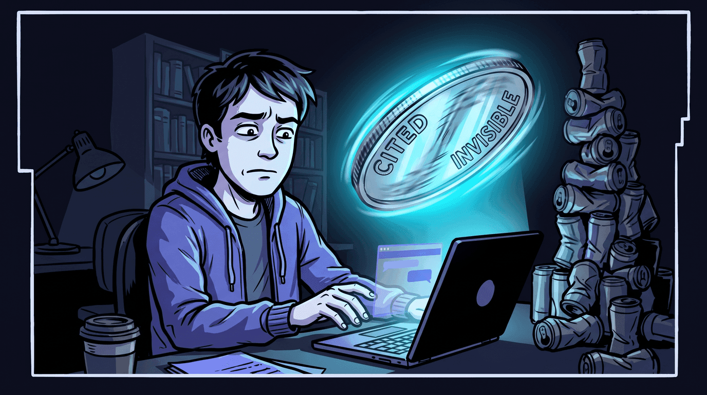 Comic panel: a founder at a laptop watches a giant coin spinning above the screen, one face reading CITED and the other reading INVISIBLE, a chat window glowing below.