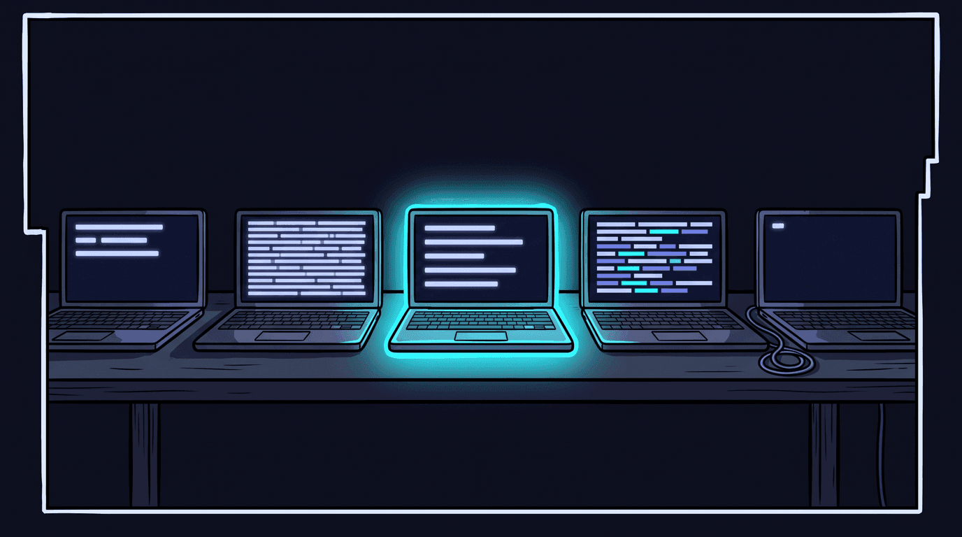 Comic panel: five identical laptop screens in a row showing the same typed prompt with five visibly different answers, one screen ringed in cyan.