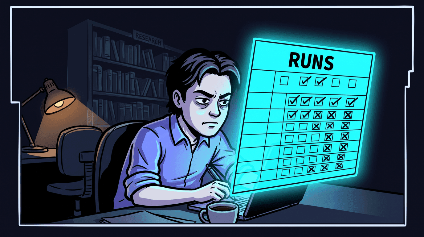 Comic panel: a marketer at a desk filling in a glowing tally-chart spreadsheet with five tick columns per row, under a cyan monospace header reading RUNS.