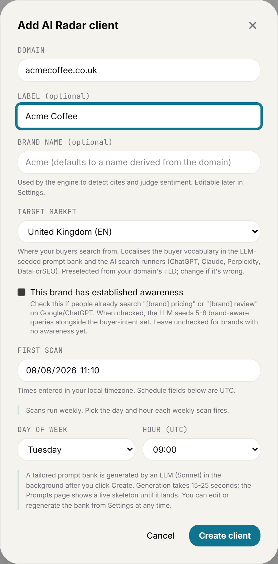 The Add AI Radar client form with domain, label, target market auto-detected from the TLD, established-brand checkbox, and weekly schedule fields