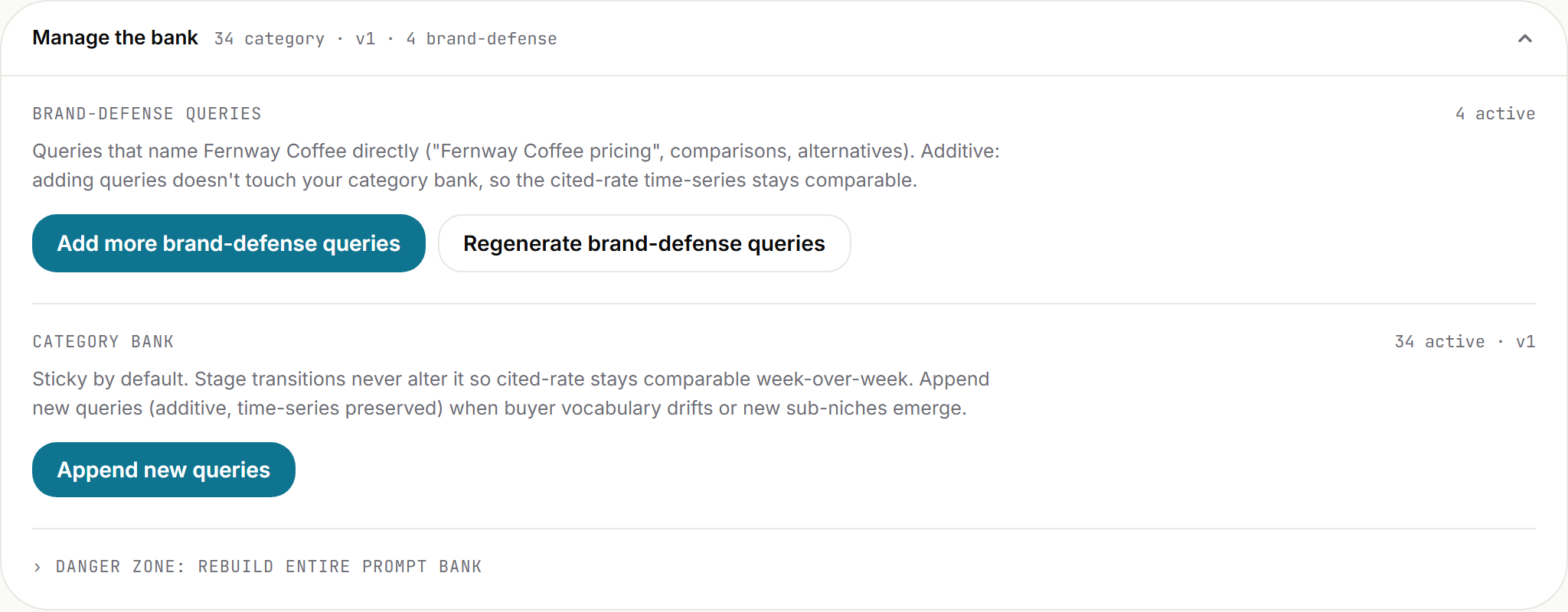The Manage the bank panel on the AI Radar Prompts page, showing brand-defense queries, category bank append, and the rebuild danger zone