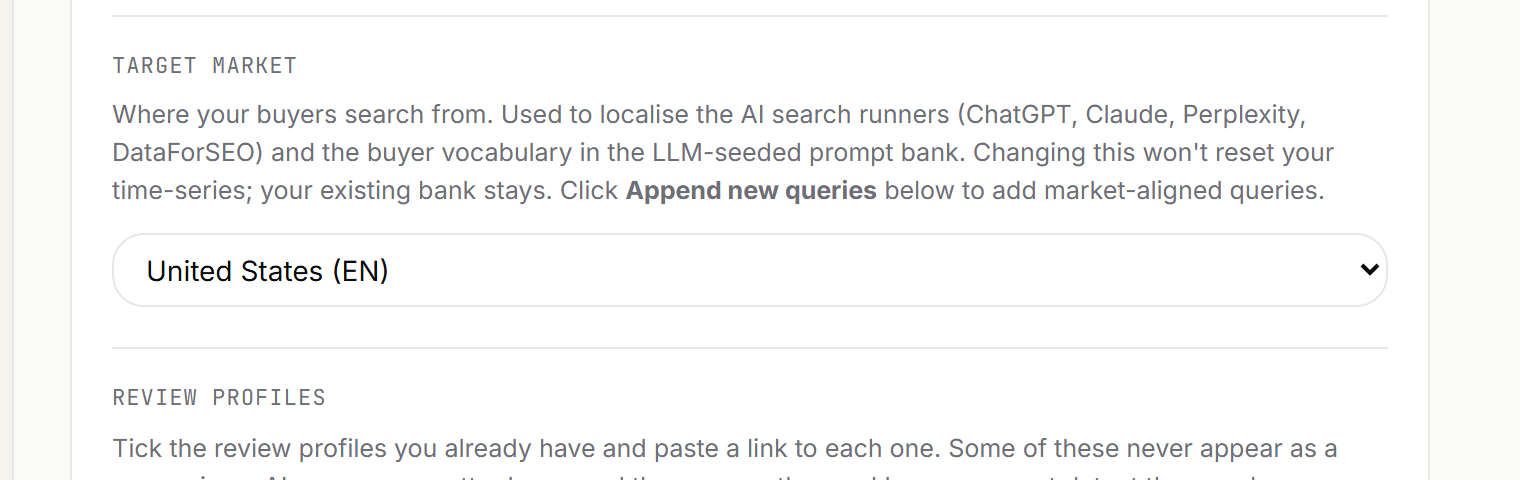 The Target market section of AI Radar client settings, showing the market picker set to United States (EN)