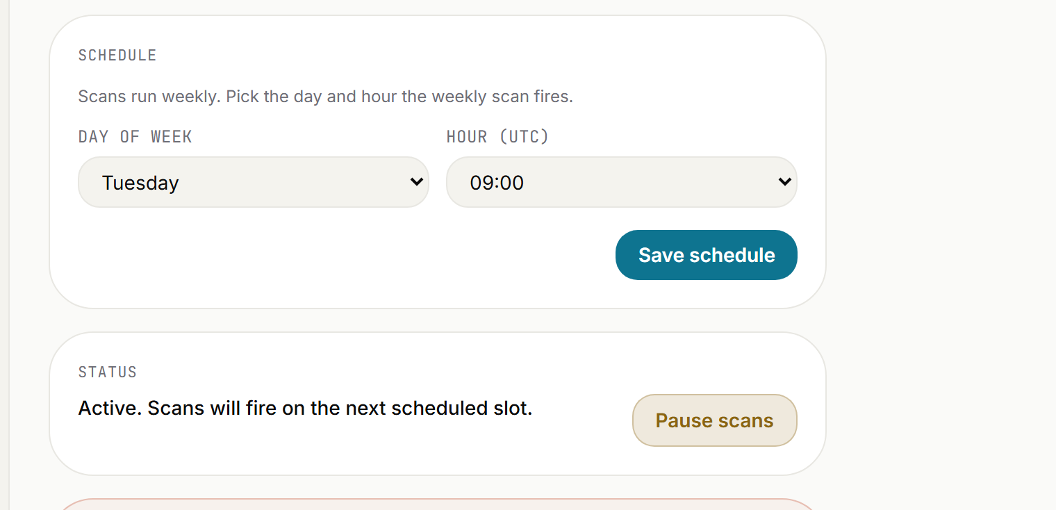 The AI Radar schedule form with day-of-week and hour pickers, and the pause scans control
