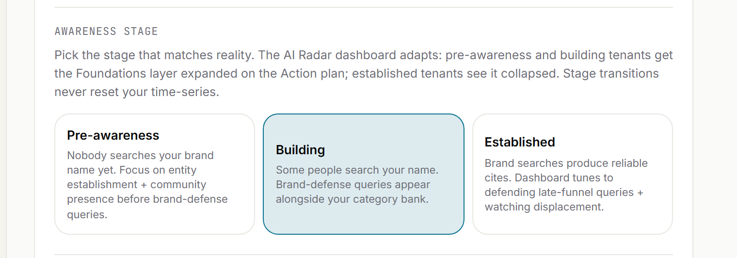The Awareness stage selector in AI Radar client settings with Pre-awareness, Building, and Established options